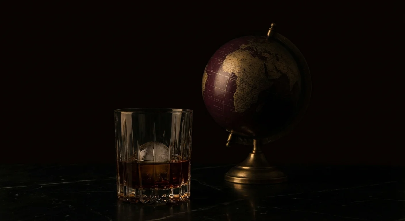 버건디 배경 위 위스키 글라스와 앤틱 지구본